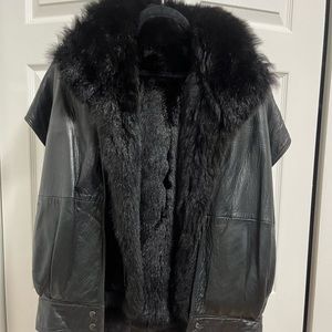 Andrew Marc calf leather jacket with real opossum fur 80’s style